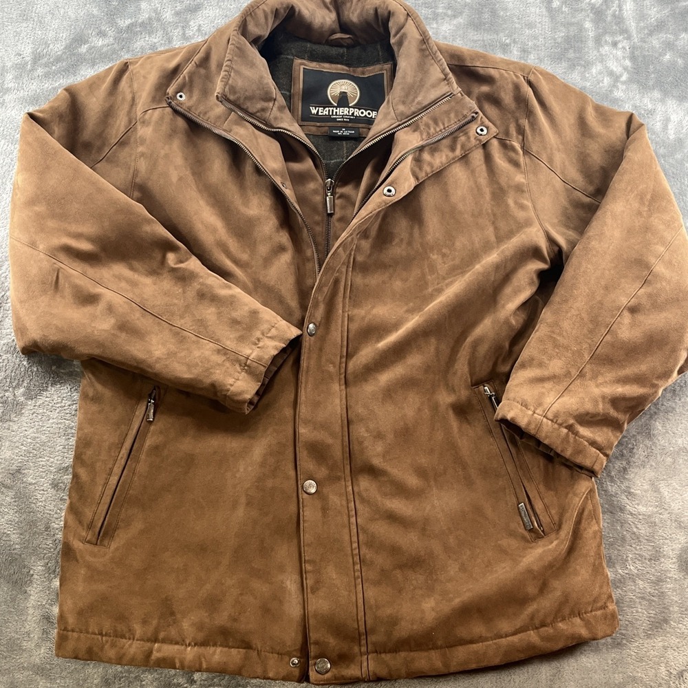 Weatherproof Men's Medium Caramel Faux Suede Jacket Flannel Lined Dual Zip Brown